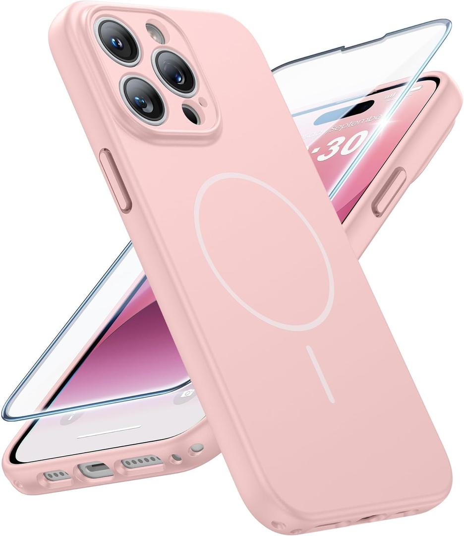 FNTCASE for iPhone 14 Pro Max Case Pink: [Compatible with Magsafe] Solid Matte 14 Pro Max Magnetic Phone Cover with [Full Camera Protection] [Screen Protector] Military Grade Shockproof Protective