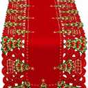 Grelucgo Embroidered Christmas Holiday Holly Tree Table Runner, Dresser Scarf, Rectangular 16 x 72 Inch