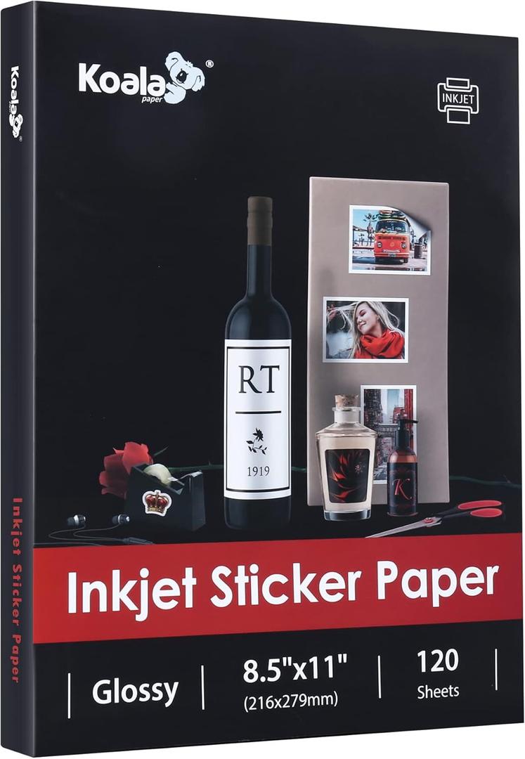 Koala Printable Glossy Sticker Paper for Inkjet Printer, White, 8.5x11 Inch Self Adhesive Photo Sticker Printer Paper, (120 Sheets)