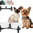 Raised Ceramic Dog Bowl Set - Elevated Double Dishes with Stainless Steel Stand - Food and Water Bowls for Small Dogs and Indoor Cats - Each Holds 1.6 Cups (10.8 fl oz) - White