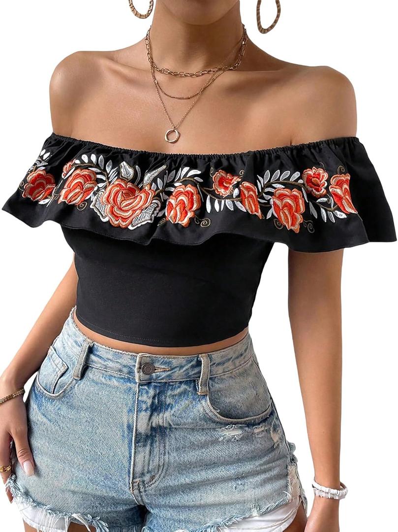 MakeMeChic Women's Floral Embroidered Off Shoulder Ruffle Trim Crop Top Blouse Shirt (Black)