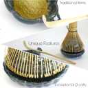 A Unique Matcha Set: 9 pieces set, A Ceremonial Grade Kit For Matcha With 2 Thick Glazed Dark Blue Hand Painted bowls. Bamboo Whisk and Scoop, Strainer, Table Runner, chop stand, dish and bottle.