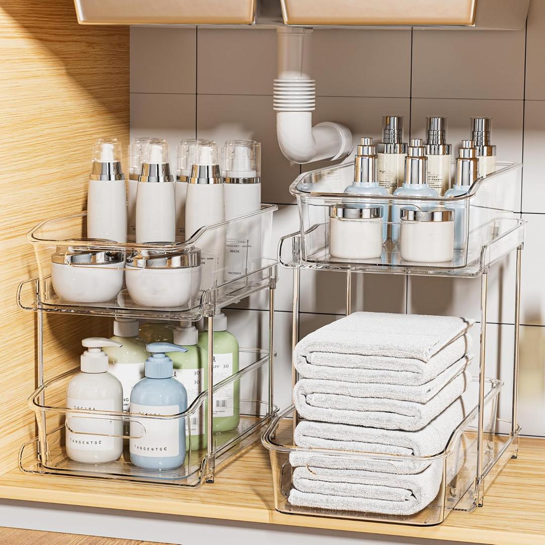Delamu 2-Tier Under Sink Organizers and Storage, Multi-Purpose Stackable Bathroom Cabinet Organizers, Pull Out Kitchen Pantry Organization and Storage with Dividers (2 Pack, Clear)