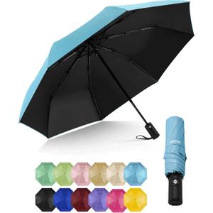 HIPPIH Compact Travel Umbrella for Rain - Windproof Automatic Umbrellas, UV Umbrella for Sun Protection with Black Anti-UV Coating, Portable Small Umbrellas for Backpack, Car, Walking, Kids, Women (Auto-Sky Blue)