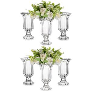 Glasseam Crystal Vases for Flowers, 7.5in Tall Vase Set of 6, Clear Glass Compote Vases and Ribbed Pedestal Bowls for Living Room Decorations Dining Table Home Decor