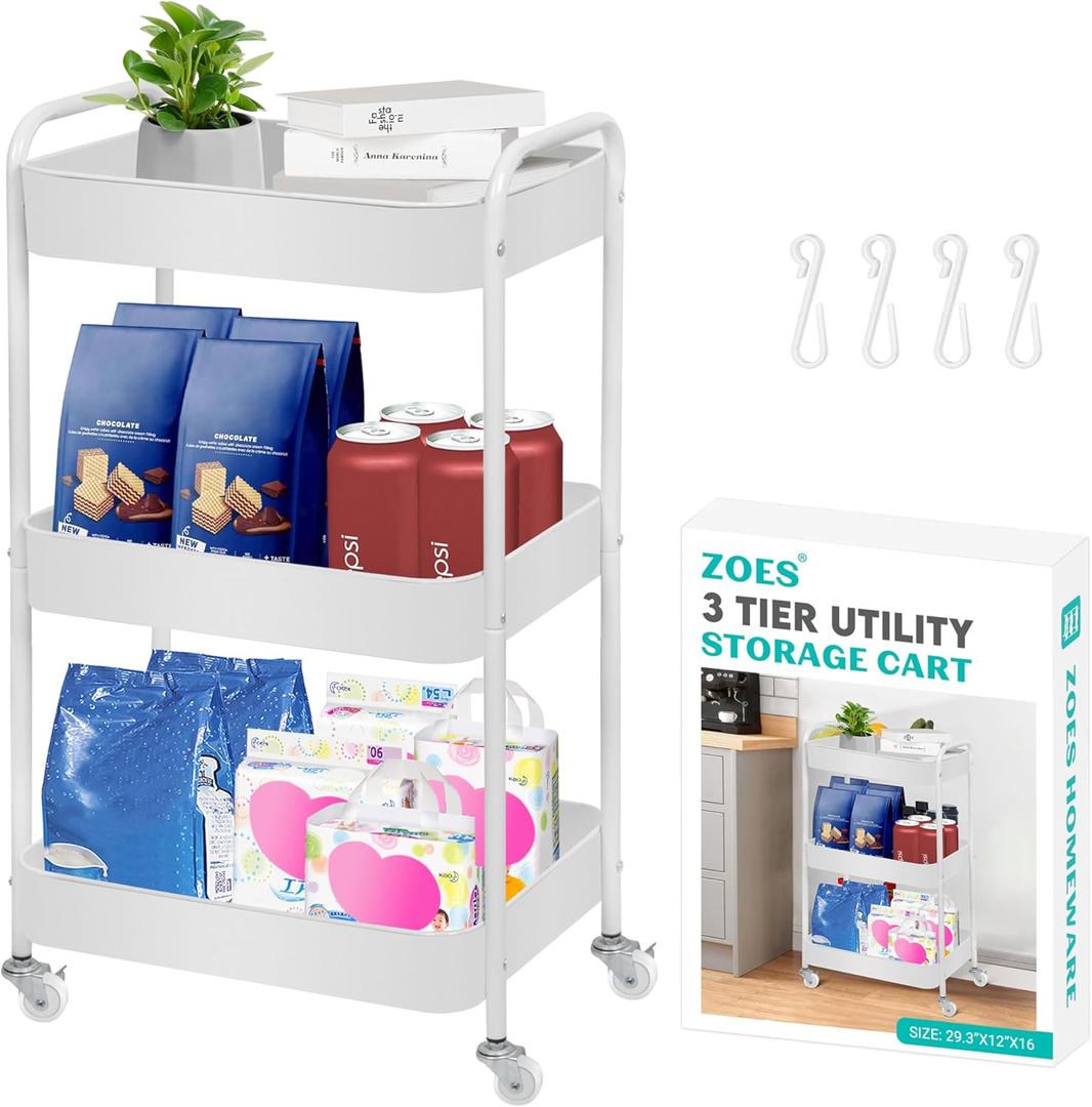 ZOES HOMEWARE 3 Tier Rolling Cart, Metal Utility Cart with 4 Hooks, Rolling Storage Cart on Wheels, Small Organizer Cart for Nursery, Kitchen, Living Room, Bathroom, White