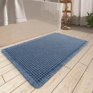 AMOAMI Upgraded Waffle Bath Mat, Super Absorbent Non Slip Bath Mats for Bathroom Floor, Machine Washable Bathroom Rugs with Tassels, Rubber Backed Bathroom Mats, Ultra Soft, 24" x 36", Blue 