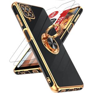 LeYi for Galaxy A12 Phone Case: with Tempered Glass Screen Protector [2 Pack] 360 Rotatable Ring Holder Magnetic Kickstand, Plating Rose Gold Edge for Samsung Galaxy A 12 Case, Black