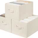 StorageWorks Storage Baskets for Shelves, Foldable Fabric Closet Storage Bins with Handles, Fabric Storage Bins Clothes Organizer, Beige(Cotton-linen), 3-Pack, Large