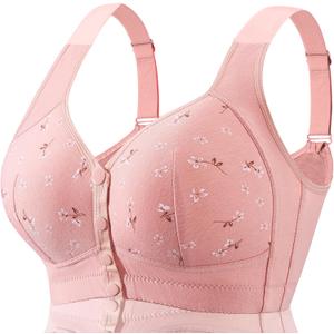 4 x Daisy Bras for Older Women Floral Plus Size Bra Wireless Front Closure Bras for Senior Daisy Comfort Tshirt Bra (Pink, L)