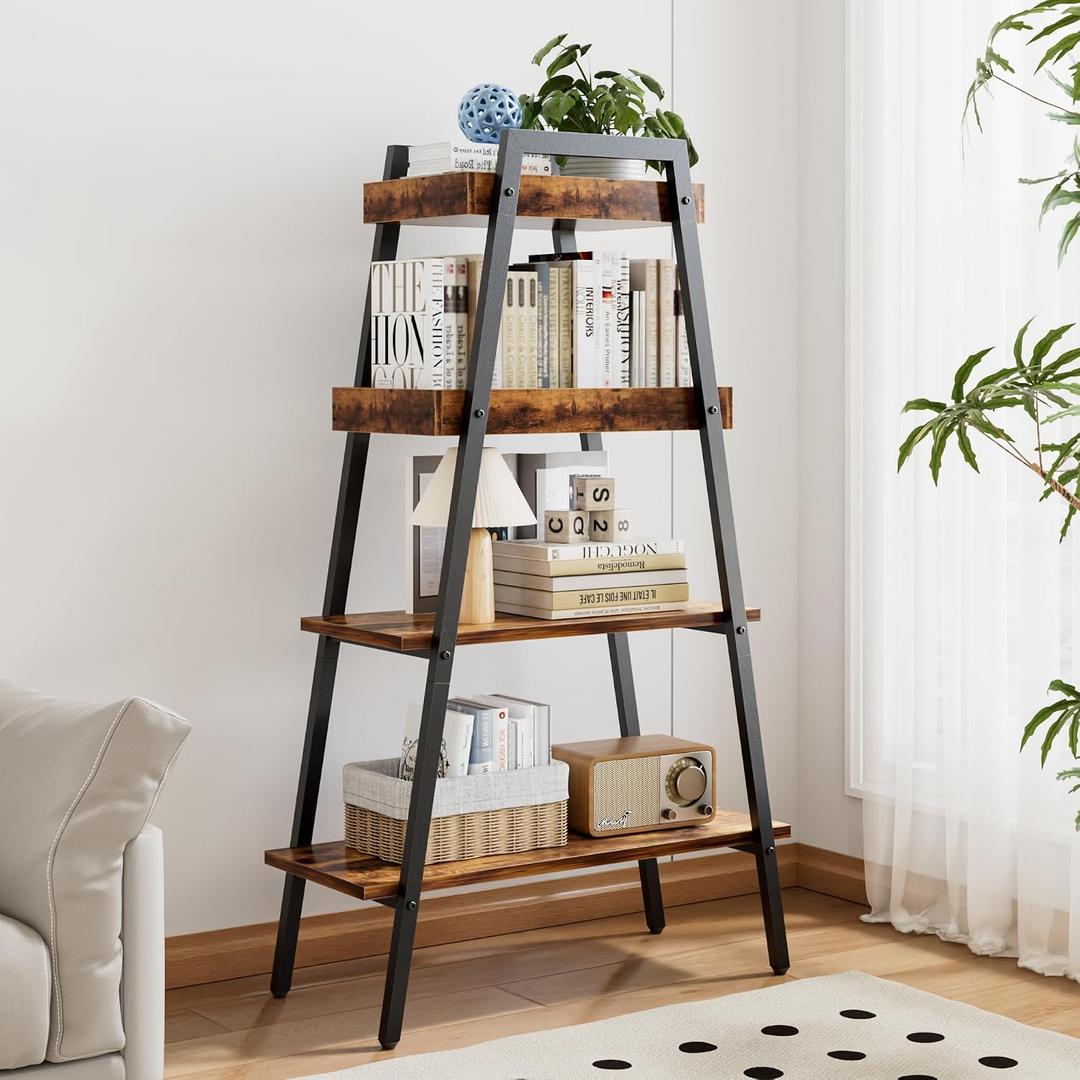 VECELO Book Shelf, 4 Tier Wooden Ladder Bookcase with Metal Frame, Enclosed Edges Combined with Open Display, Decorative and Plant Stand for Living Room/Farmhouse/Bedroom/Home Office-Brown, Depth: 9 Inches