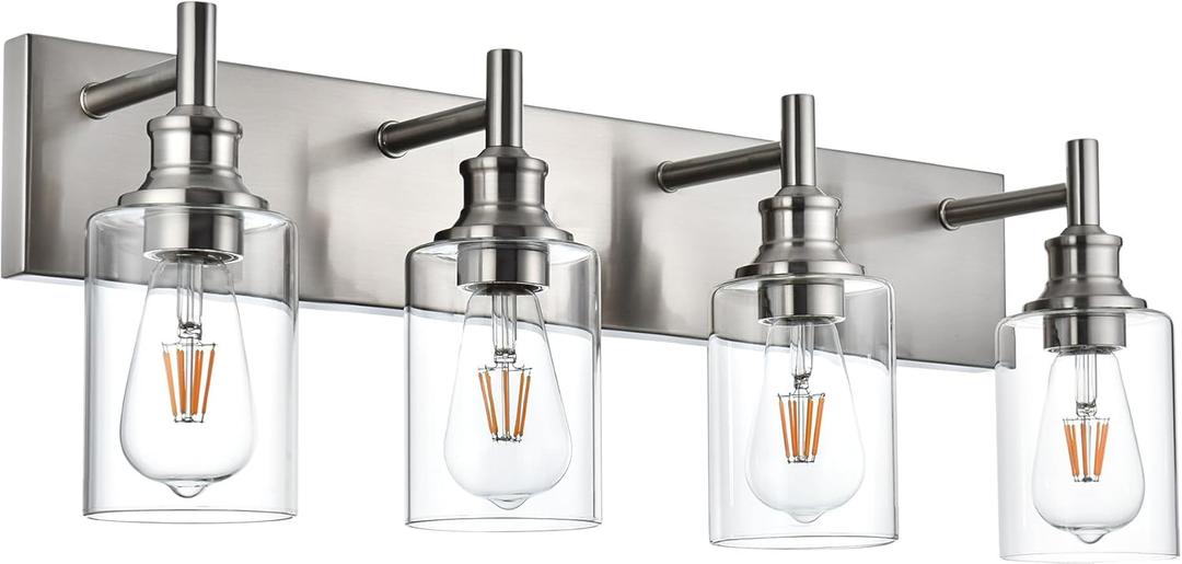 4 Light Bathroom Vanity Lights Brushed Nickel Bathroom Lighting Fixtures Over Mirror with Clear Glass, Industrial Wall Sconce Vanity Lighting Fixture for Bedroom Living Room, E26 Socket