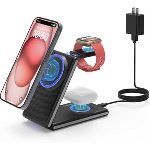 GEEKERA 3 in 1 Magnetic Wireless Charging Station for Fitbit Watch, Foldable Wireless Charger Stand for iPhone 16/15/14/13/12 Pro Max, Fitbit Watch Versa 4/Versa 3/Sense 2/Sense, AirPods 3/2/Pro (Black)