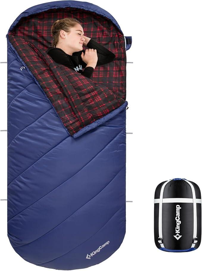 KingCamp Sleeping Bag for Adults, Cold Weather & Warm Extra Wide Big & Tall XL Portable Waterproof Flannel Sleeping Bags, Essentials Gear Accessories for Camping Backpacking Hiking Indoor & Outdoor (86.6" x 39.4", 34℉ Thermal Pod Navy)