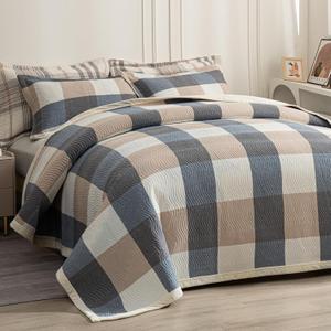 tohrisa Cotton Plaid Quilt Set, Ultra Soft 3 Pieces King Size Bedding with 2 Pillow Shams, Lightweight Reversible Coverlet Bedspread with Wave Quilting for Summer, 108"x96", Grid-Beige Blue