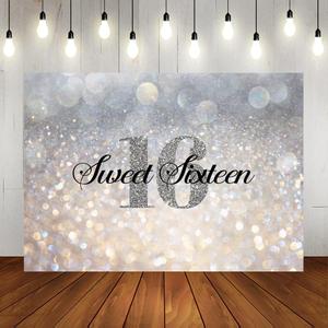 Lofaris Sweet 16 Birthday Party Backdrop Shiny (No Glitter) Silver White Bokeh Golden Spots Princess Sixteen Background Girls 16th Birthday Decorations Cake Table Banner 7x5ft