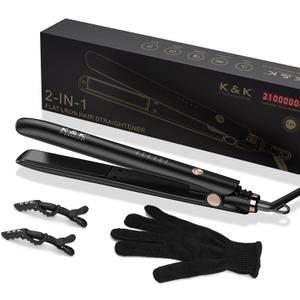K&K 1 inch Flat Iron 2 in 1 Curler Tourmaline Titanium Hair Straightener 1 inch Plate 4D 360Swivel LED Display for Woman Short Hair Adjustable Temperature Dual Voltage 110v-220v Auto Shut Off