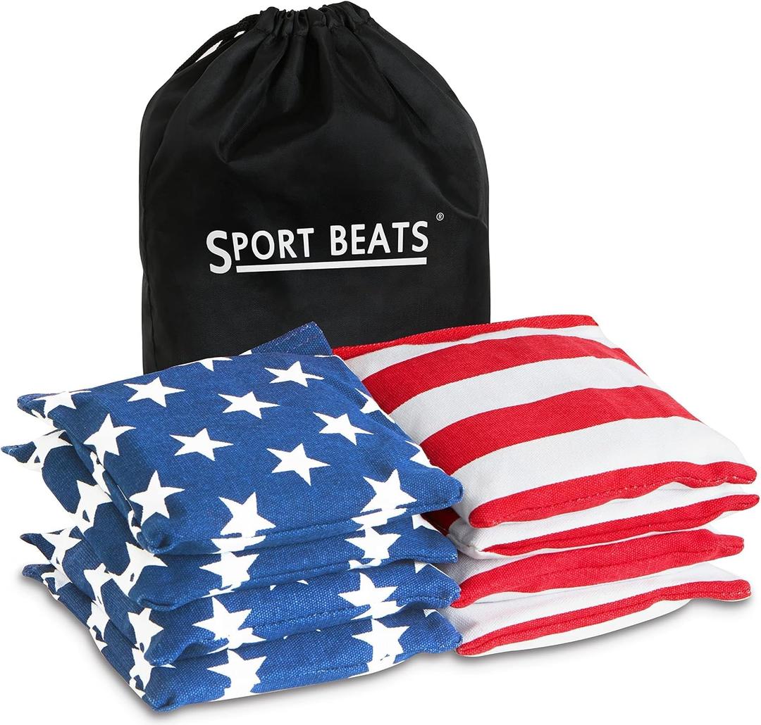SPORT BEATS Cornhole Bags Set of 8 - Regulation Size & Weight Bean Bags, Heavy Duty Double-Stitched Canvas for Tailgating, Outdoor Backyard Game Accessories with Carry Tote