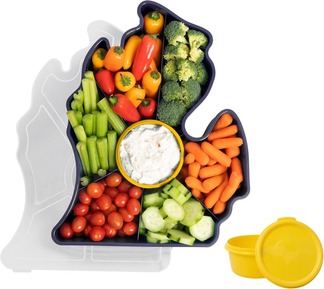 Michigan Serving Tray - Unique 7 Compartment Mitten State Snack Tray w/Dressing Cup. Great for Entertaining Food Storage for Chips & Dip, Fruits & Veggies. Party Serving Platter (Blue Maize)