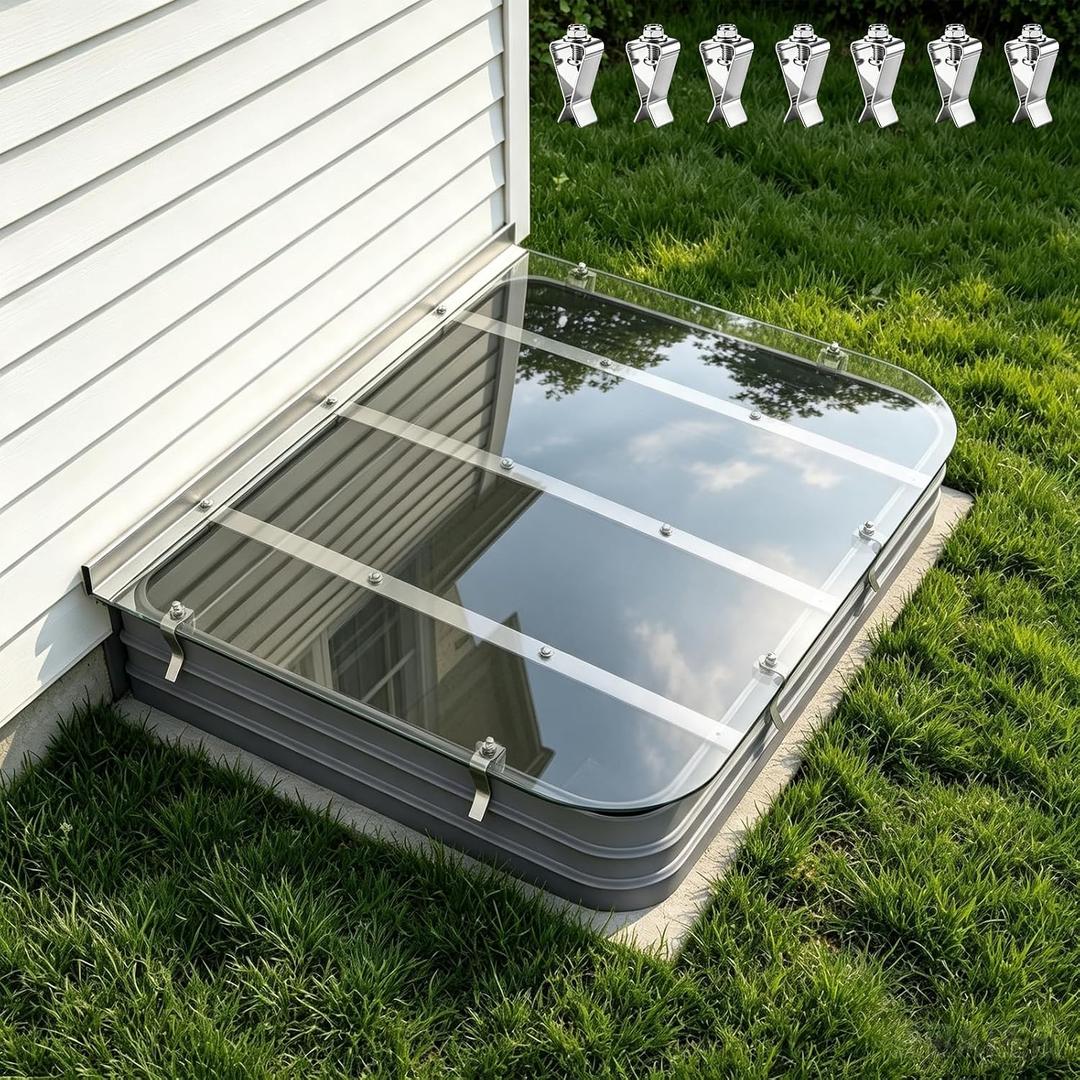 Clear Polycarbonate Basement Window Well Cover, Large Egress Window Well Cove, Heavy Duty UV Resistant Waterproof Window Guard, Debris Protection, 59" W x 38" L