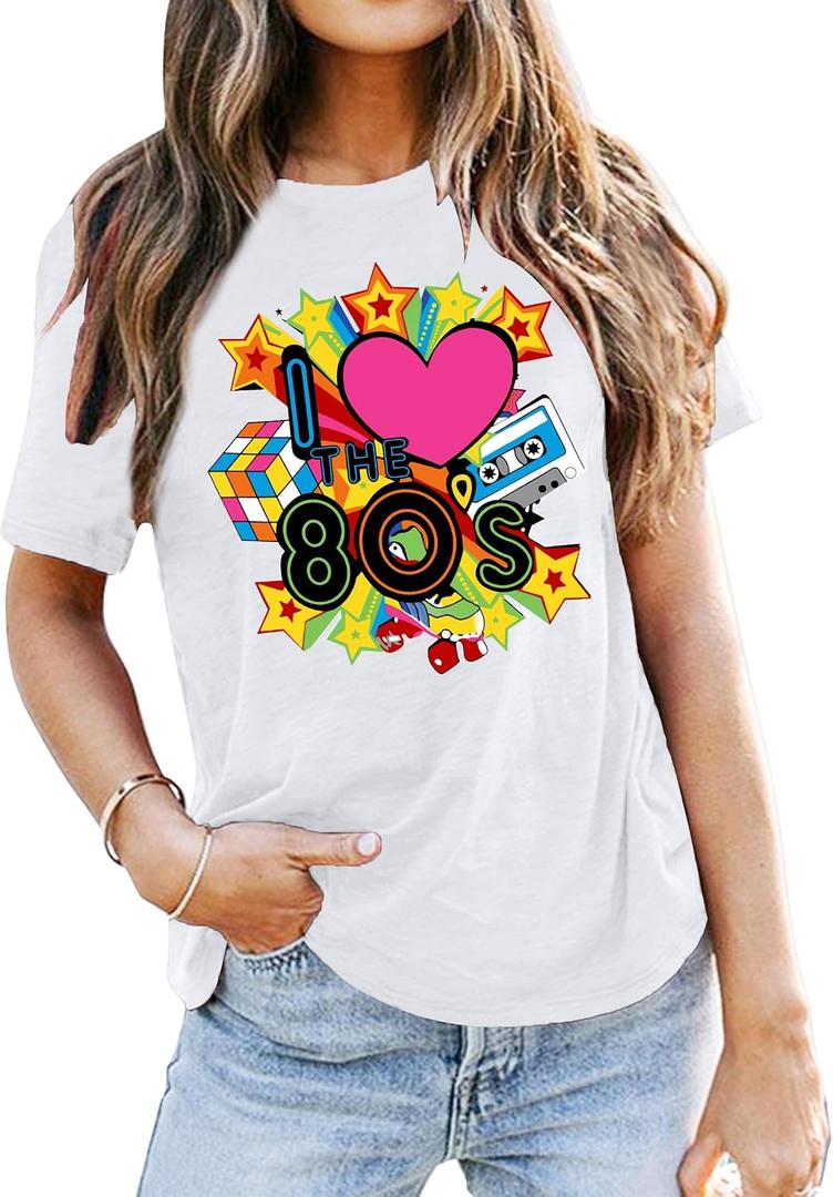80s Shirt for Women: I Love The 80's Shirt Vintage 80s Shirts Casual Retro 80s Outfits Fashion 80s Nostalgia Tees Tops (White, XL)