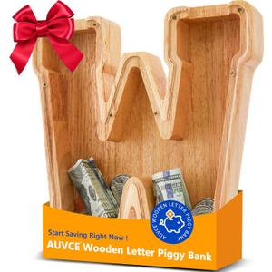 Wooden Initial Piggy Bank - Large Solid Wood Money Box for Kids - Personalized Letter Money Bank, Unique Educational Gift Decor for Baby Shower, Birthday & Nursery(W)