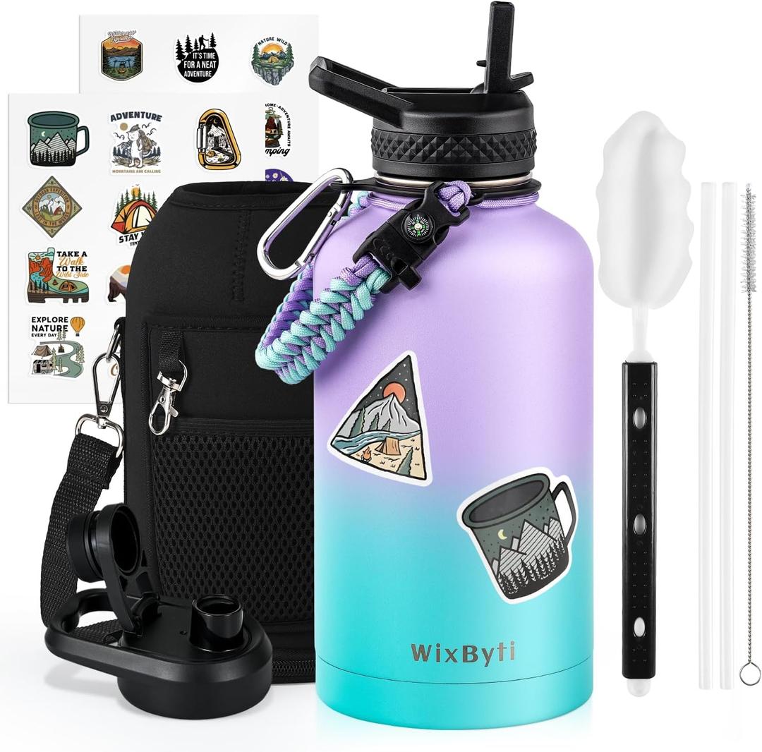 WixByti 64 oz Insulated Water Bottle with Straw (Cold for 48 Hrs), Half Gallon Stainless Steel Triple Wall Vacuum Sports Water Jug, Leakproof Hydro Cup Flask with Straw Spout Lids & DIY Stickers