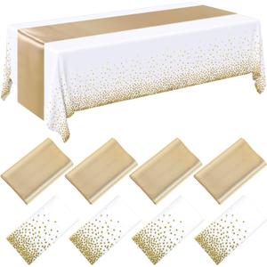 Breling 8 Pack White and Gold Disposable Plastic Tablecloths and Satin Table Runner Set, 54 x 108 Inch Tablecloth, 12 x 108 Inch Table Runners for Wedding First Communion Baby Shower Graduation