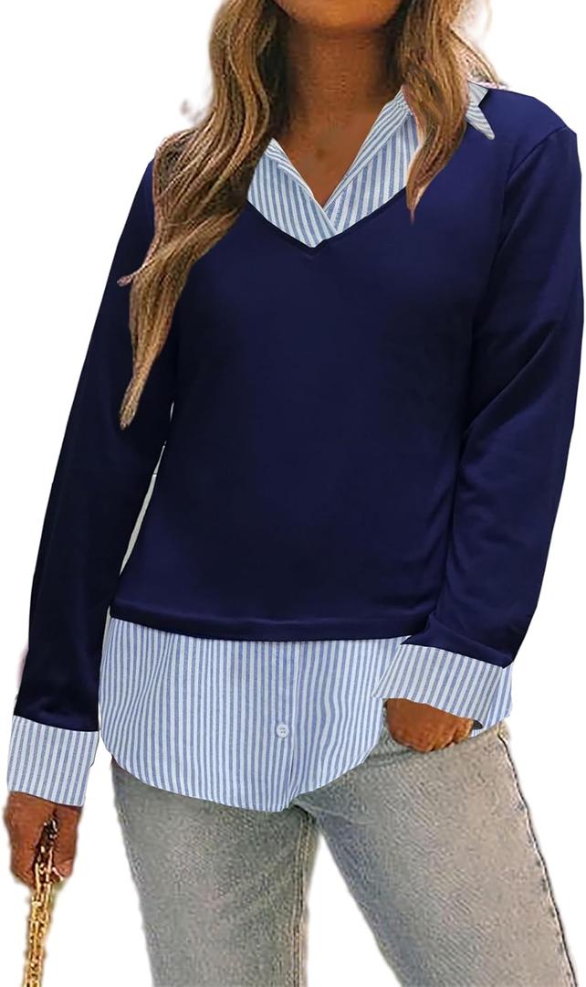 Oyamiki Women's Casual Collared Curved Hem 2 in 1 Pullover Tops Plaid Contrast Shirt Blouse (Blue, S)