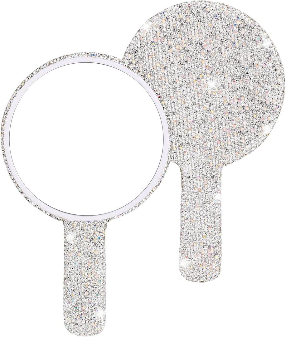 Framendino, 1 Pack Rhinestone Handheld Mirror Round Bling Glitter Cosmetic Dazzling Portable Hand Mirrors with Handle for Women White