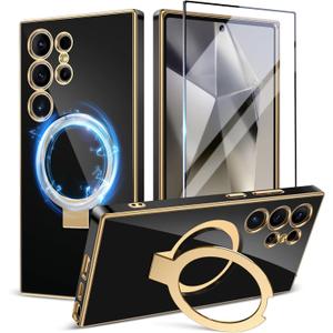 CAPRARO for Samsung Galaxy S24 Ultra Case with Magnetic Ring Stand,[Compatible with MagSafe][Military Drop Protection] Shockproof Protective Slim Phone Case for S24 Ultra, Black