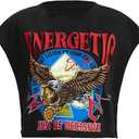 GORGLITTER Women's Graphic Print Cap Sleeve Crop Top Casual Round Neck Short Sleeve T-Shirt (Medium, Black)