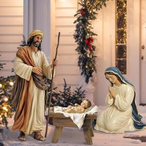 3 Pcs Metal Christmas Outdoor Nativity Scene Set Large Holy Family Outdoor Decorations with Sturdy Stakes Jesus Joseph Mary Yard Signs for Xmas Holiday Lawn Home Garden Decor(Retro) (48.9''H)
