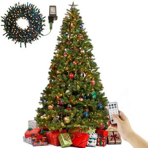 Juegoal 7.5 Foot Artificial Christmas Tree(NOT Pre-Strung), Upgrade with 450 LED Warm White & Color Changing String Lights, 8 Lighting Modes Fake Xmas Tree with Sturdy Metal Legs, 1350 Tips, Green