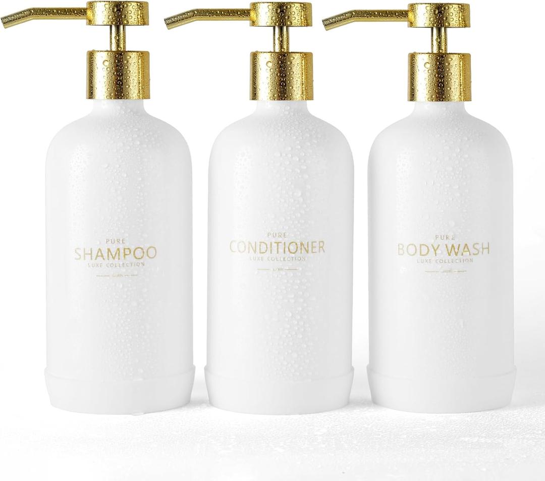 Shampoo and Conditioner Dispenser Set of 3,Refillable 21oz Shampoo Bottles with Non-Slip Protective Silicone Pad,Shower Soap Dispenser with Waterproof Labels for Bathroom (White)