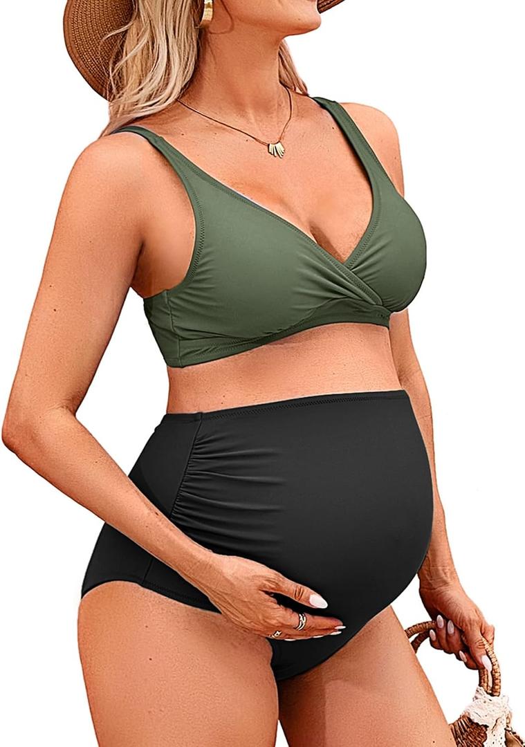 Charmo High Waisted Maternity Swimsuit Bikini Set V Neck Pregnancy Bathing Suits Push Up Two Piece Swimwear, Large