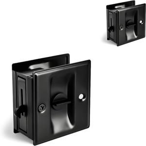 HOMOTEK 2 Pack Privacy Pocket Door Lock Hardware with Pull - Replace Old Or Damaged Sliding Door Locks Quickly and Easily, 2-3/4x2-1/2, for 1-3/8 Thickness Door, Black