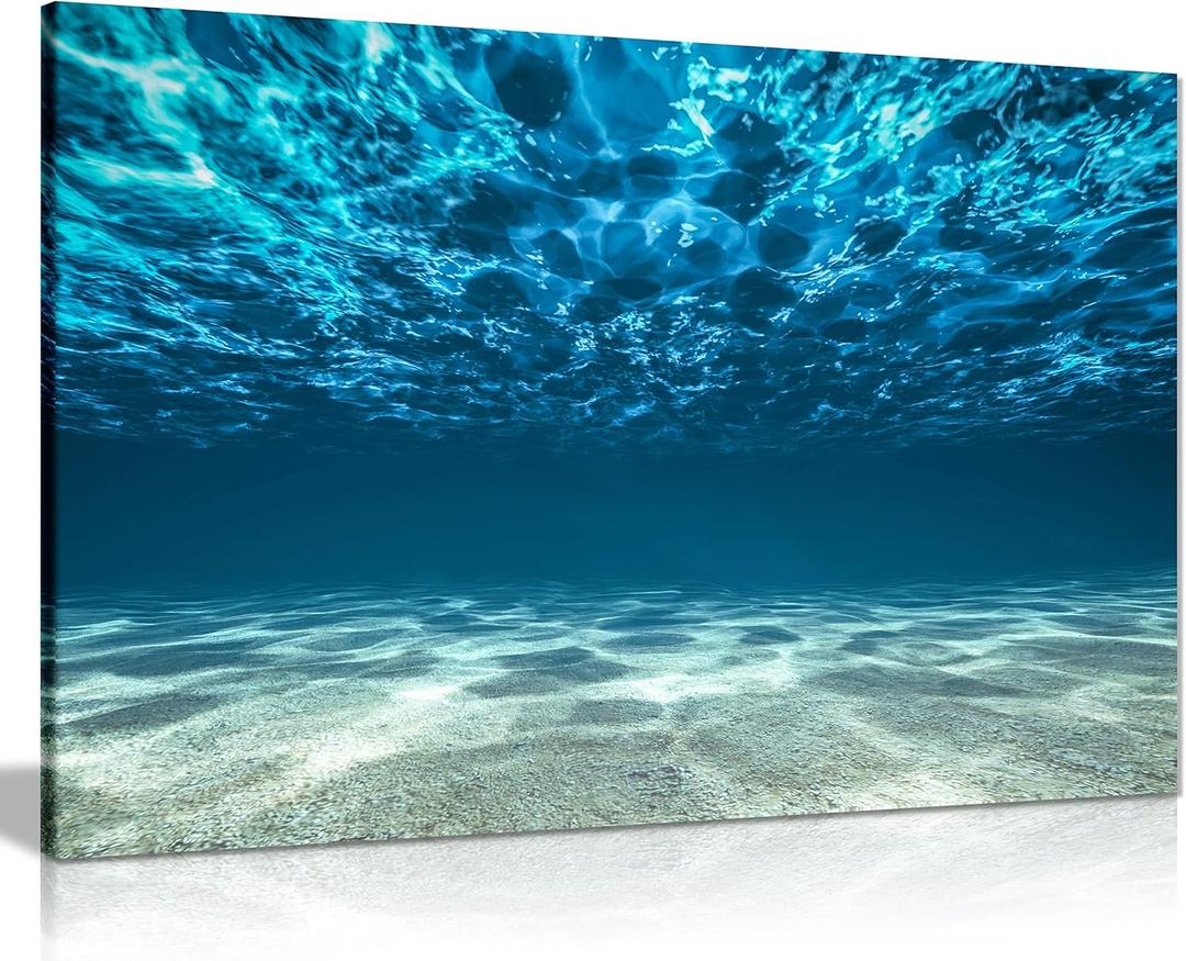Canvas Wall Art, Framed Pictures for Bathroom Walls, Beautiful Living Room Decoration, Blue Ocean Sea Seaview Beneath Surface, Print for Special Occasions