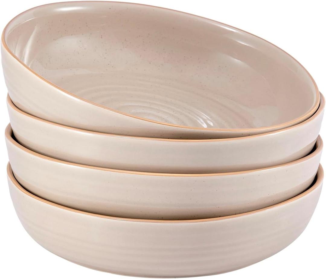 Bico Light Beige 45oz Stoneware Pasta Bowls Set, Set of 4, Microwave and Dishwasher Safe, for Spaghetti, Pasta, Soup