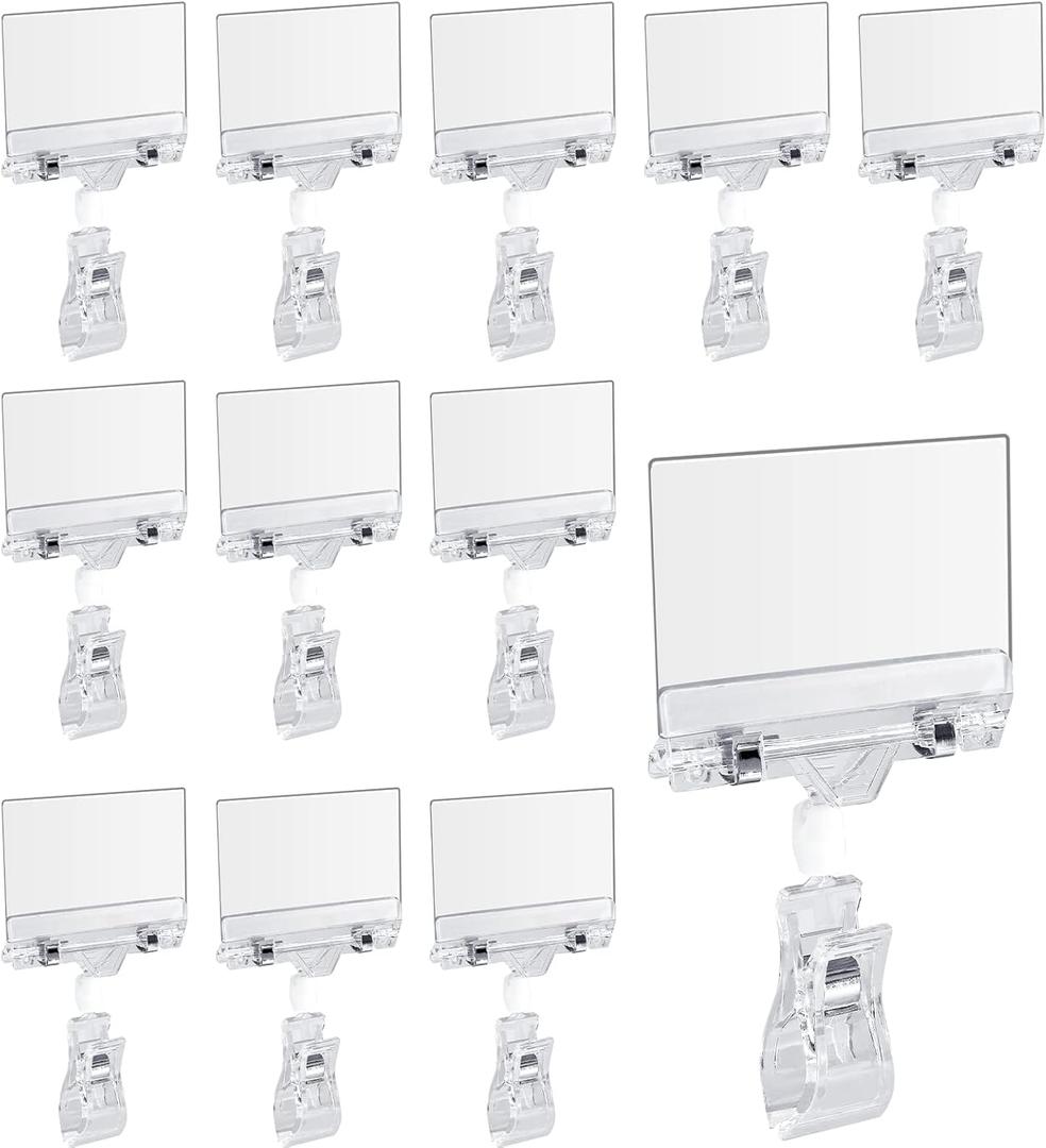Biaungdo 12 Pcs Rotating Clip Swivel Sign Holder, Clear Rotatable Sign Holder with Double Clip Design, PVC Card Protector for Shelves, Store, Business, Exhibition