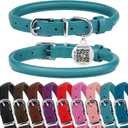 BRONZEDOG Rolled Leather Dog Collar for Dogs with QR ID Tag (S: 12-14 Inch, Teal)