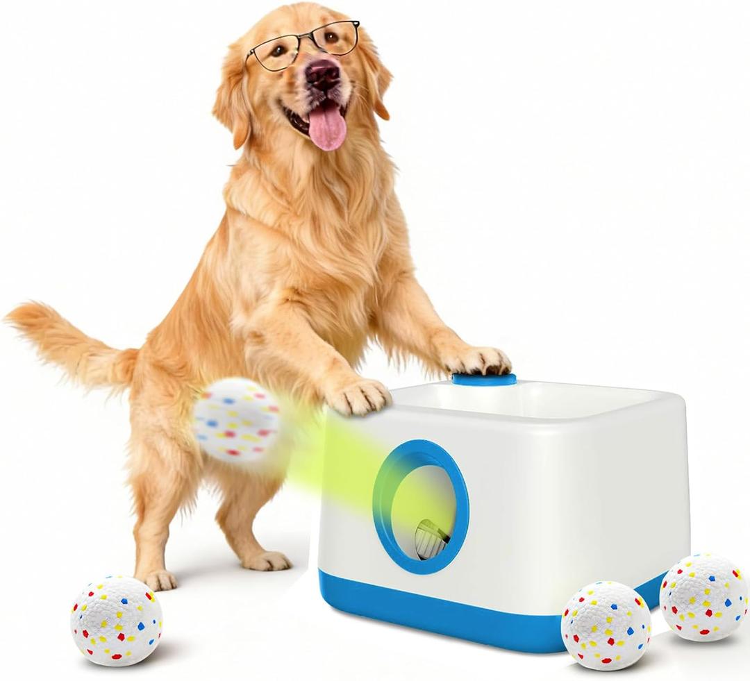 Automatic Dog Ball Launcher, Auto/Manual Paw-Activated Dog Ball Thrower, 3 Adjustable Distances Rechargeable Interactive Dog Toy, Indoor Outdoor Self Play Pet Toy with 4 Chew-Resistant Balls