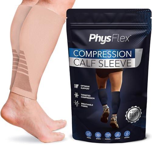 Calf Compression Sleeves for Men and Women - (1 Pair) Footless Compression Socks Support for Varicose Vein, Nursing, Pregnancy, Running - PhysFlex Leg Sleeve Brace for Shin Splints, Pain Relief Medium