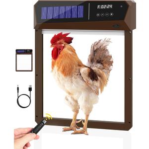 Automatic Chicken Coop Door, 5000mAh Battery Solar Chicken Coop Door, 5 Modes Programmable Chicken Door with LCD Display/Light Sensor/Remote Control/Timer, Aluminum Anti-Pinch and Weatherproof, Brown