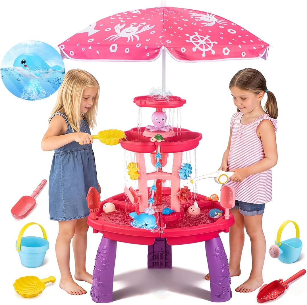 VROGTIK Water Table for Toddlers with Water Pump and Fishing Game Set 3-Tier Kids Sand Water Table with Umbrella Sensory Outdoor Toys for Kids Ages 3-8 Outside Toys Backyard Toddler Girl Toys