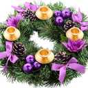 Purple Ribbon Christmas Advent Wreath - for Advent Calendar Season - Centerpiece Decor Candle Holder and X-mas Decorations