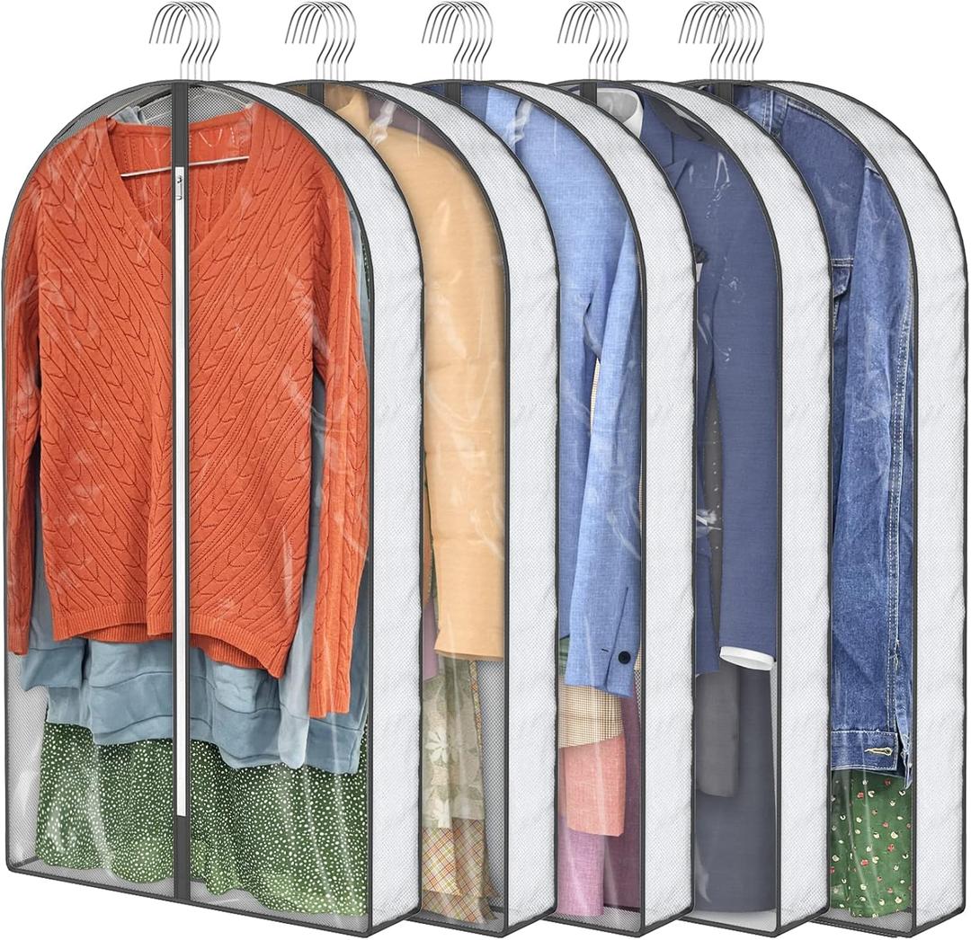 40" Garment Bags, Clear Clothes Covers with 4" Gussetes for Hanging Clothes Closet Storage, Breathable Protector for Suits Coat, Jacket, Sweater, Shirts, 5 Packs (40"x5pack, White)