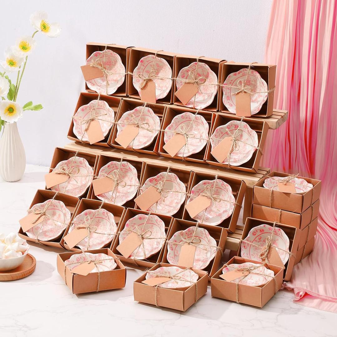 SiliFine 24 Pcs Wedding Favors for Guests Small Ceramic Bowl Bulk Gifts Set 3.3 Inch Floral Design Mini Dipping Sauce Dish with Card Box for Bridal Pooja Baby Shower Birthday (Flower,Pink)