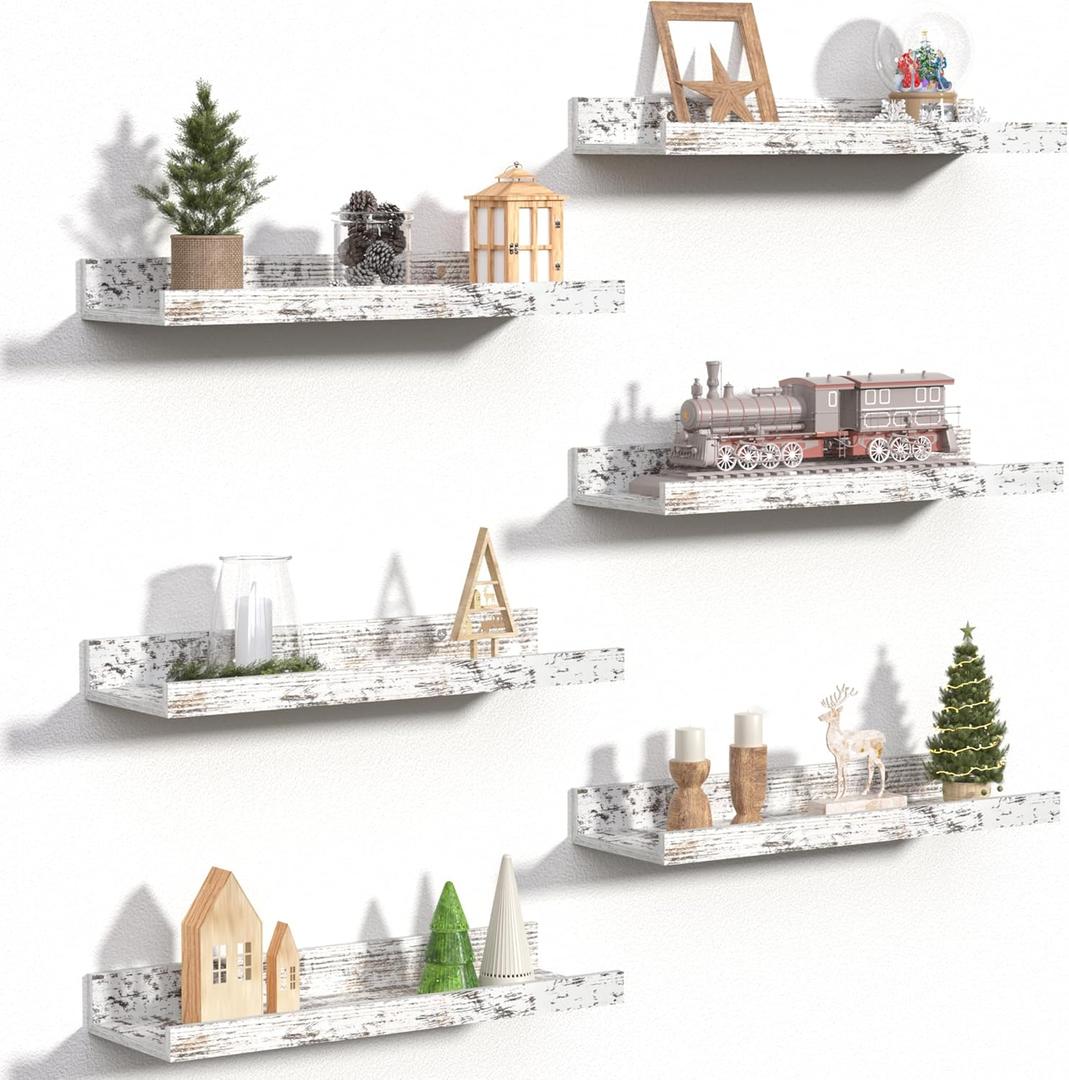 upsimples Floating Shelves for Wall, Wall Shelves for Decor Storage Set of 6, Wall Mounted Wood Shelves for Bedroom, Living Room, Bathroom, Kitchen, Picture Ledge Shelves, Rustic White (15.7in)