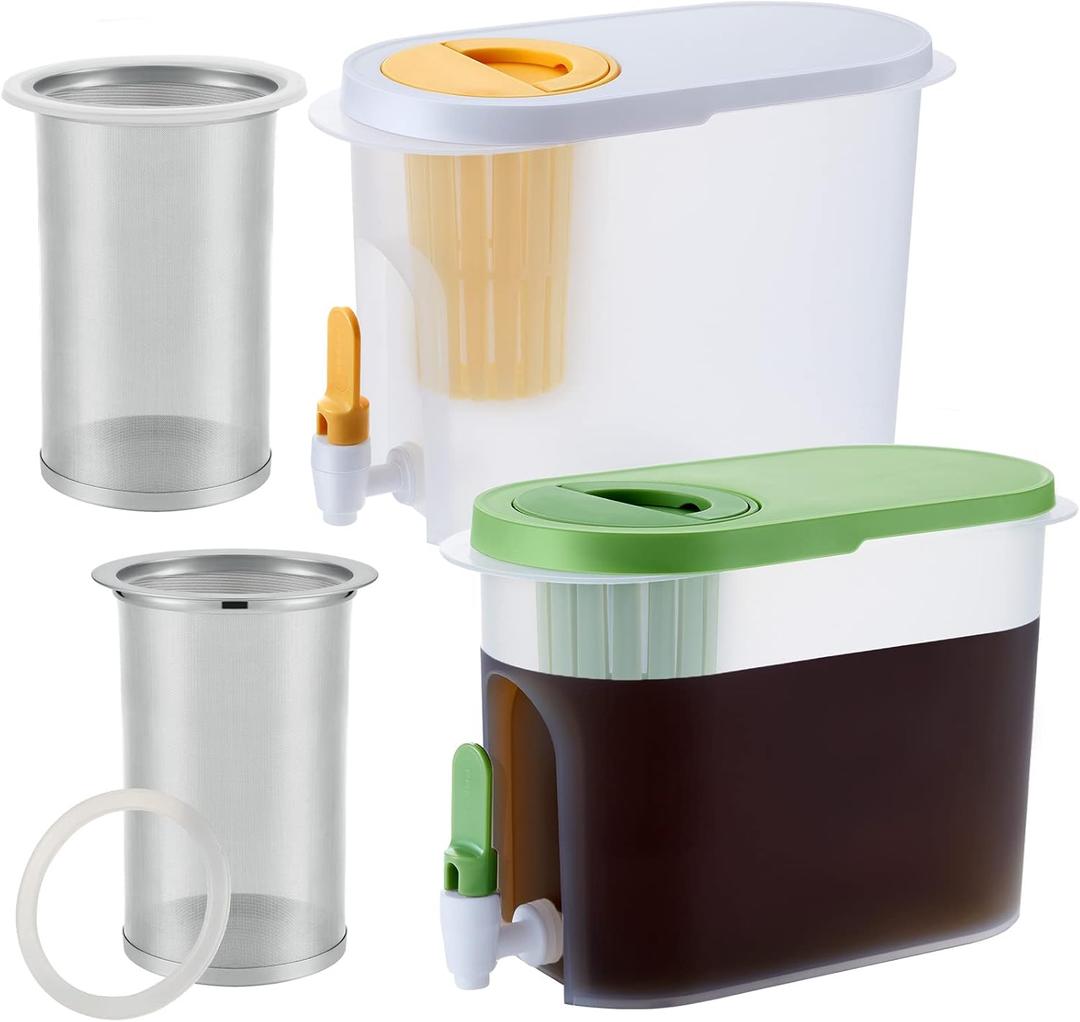 Gerrii 2 Pcs Cold Brew Maker, 1 Gallon Plastic Beverage Dispenser with 2 Filters, Drink Dispenser for Fridge, Cold Brew Pitcher with Spigot, Container for Juice, Water, Tea(Green, Yellow)